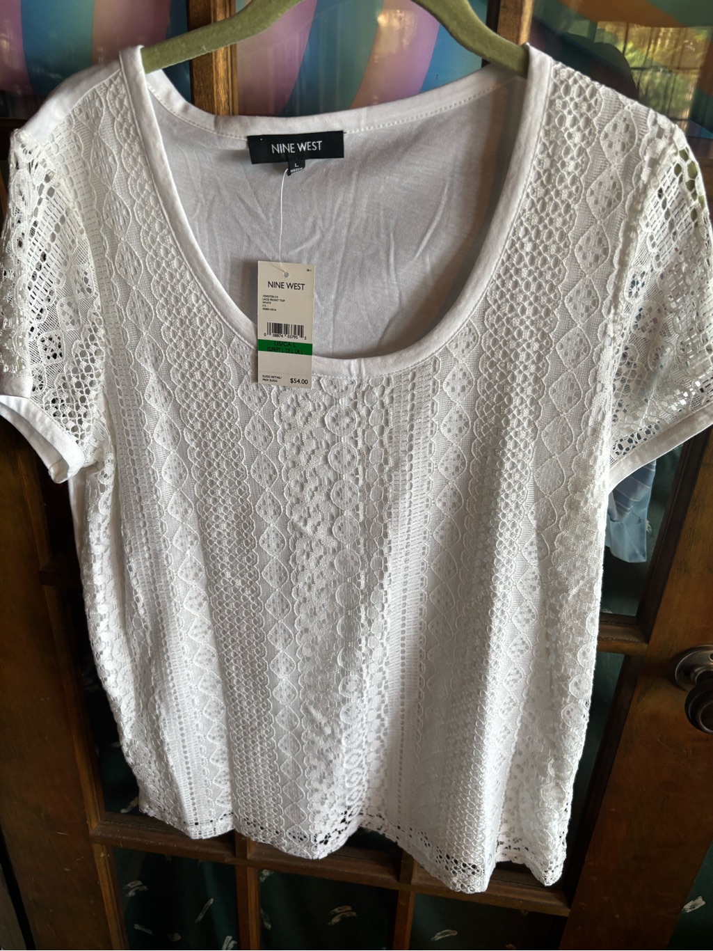 Nine West White Short Sleeve Lace Scoop Neck Tee